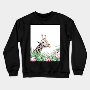 Giraffe, Tropical leaves and flowers, Animal, Nursery, Trendy decor, Interior Art Print Crewneck Sweatshirt